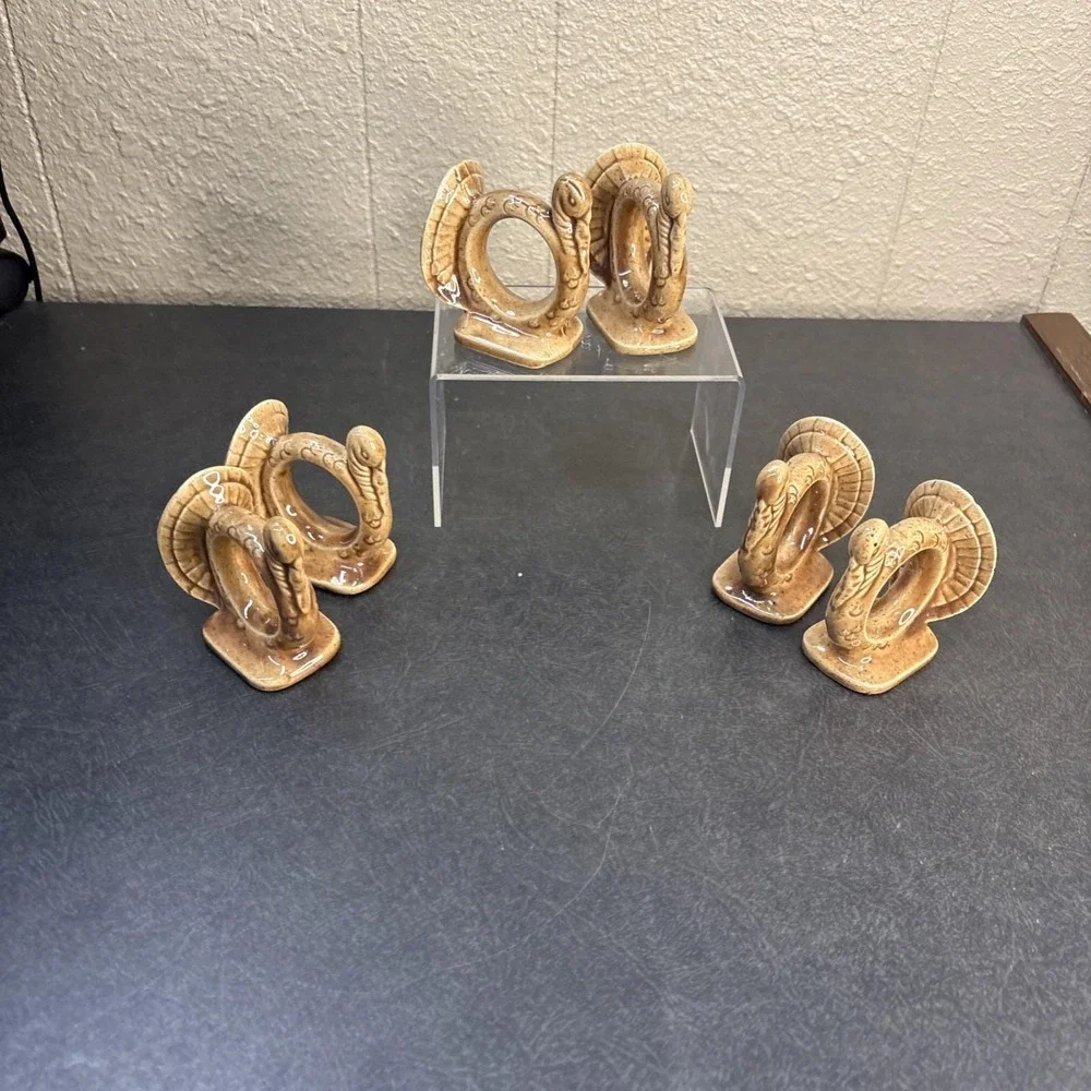 6~Vtg~Thanksgiving Turkey Napkin Ring Holders Ceramic Glazed Pottery